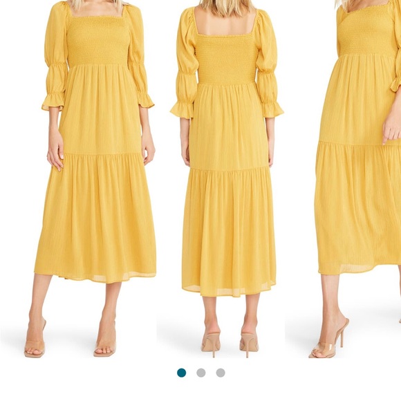 Summer sun dress Double puff sleeve woven midi blue maternity friendly - Picture 2 of 4